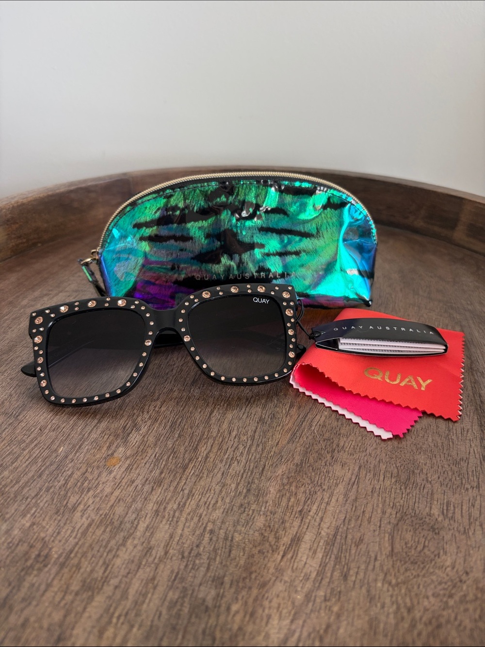 Quay Australia Black Crystal-Stud Square Sunglasses with Iridescent Pouch